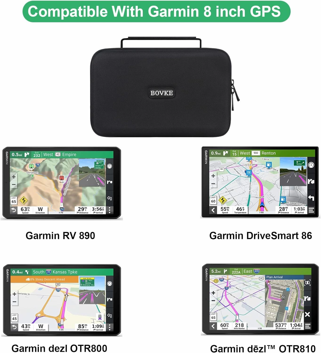 BOVKE Hard GPS Case for 8 Inch Garmin dezl OTR800 / dēzl OTR810 / DriveSmart 86 / Garmin RV 890 GPS Navigator System, Extra Space fit Charger, Friction Mount, USB Cables Accessories, Black Black