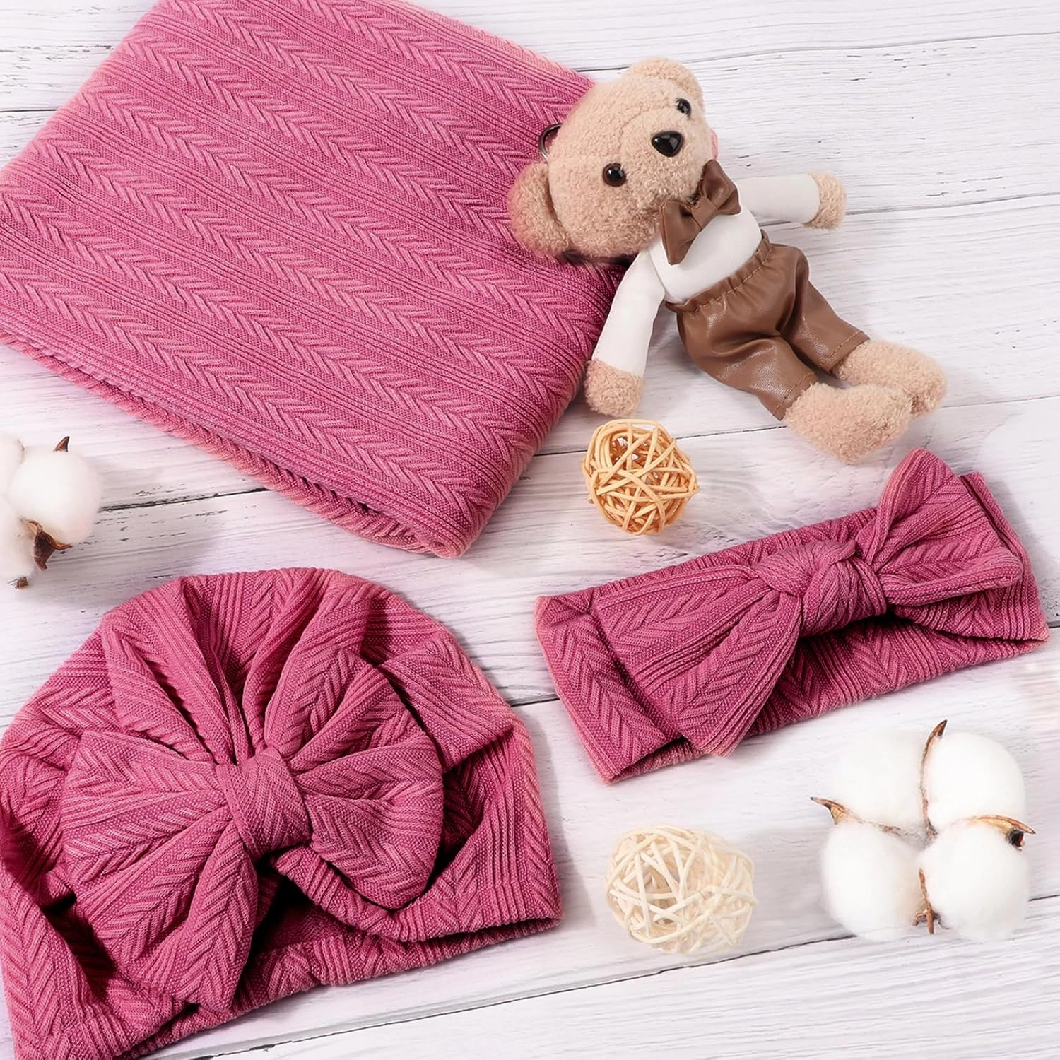 BQUBO Baby Swaddle Blankets for Girls, 4PCS Newborn Accessories Set with Hat and Bow Headband with Hello World Wooden Birth Announcement Card, Baby Blankets for Girls