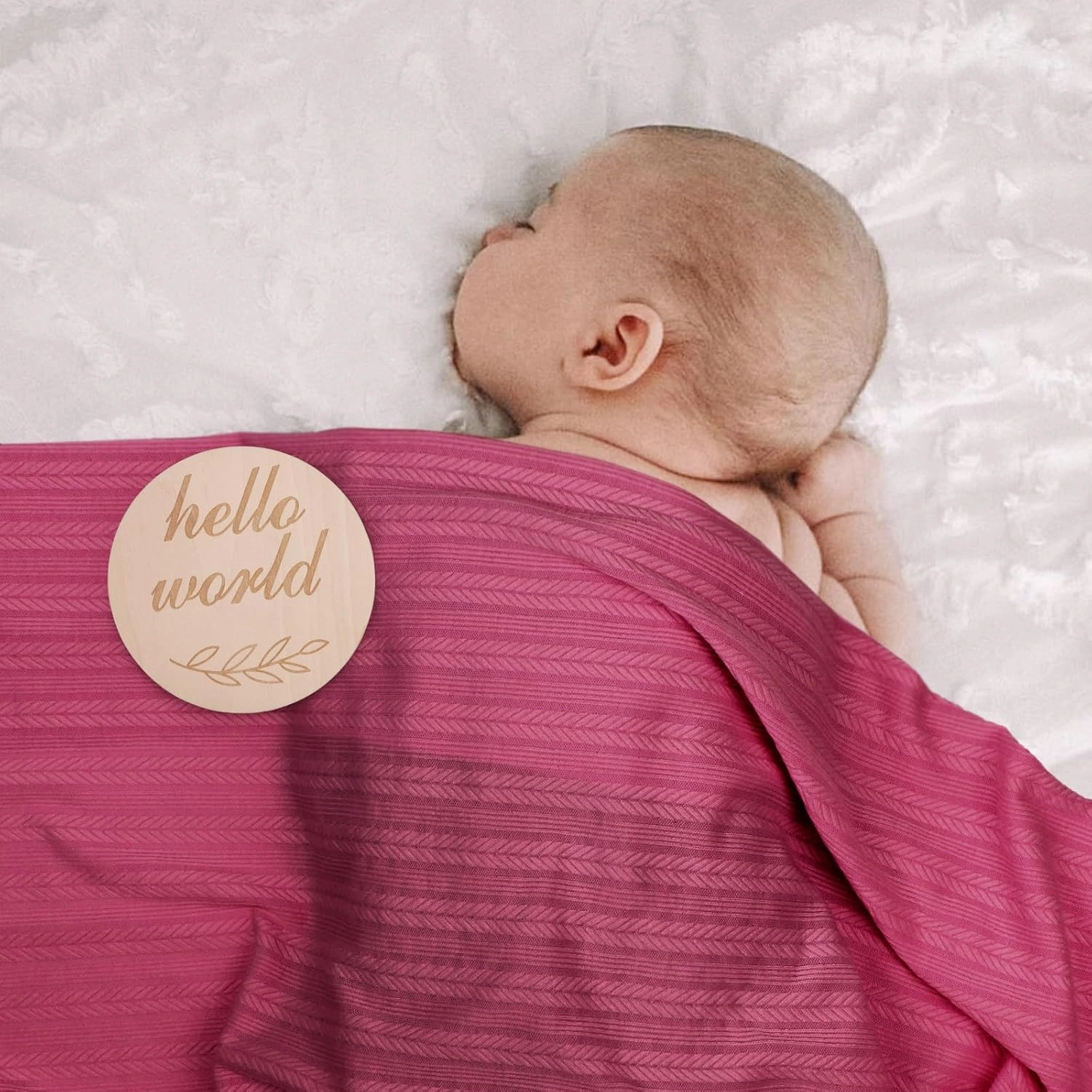BQUBO Baby Swaddle Blankets for Girls, 4PCS Newborn Accessories Set with Hat and Bow Headband with Hello World Wooden Birth Announcement Card, Baby Blankets for Girls