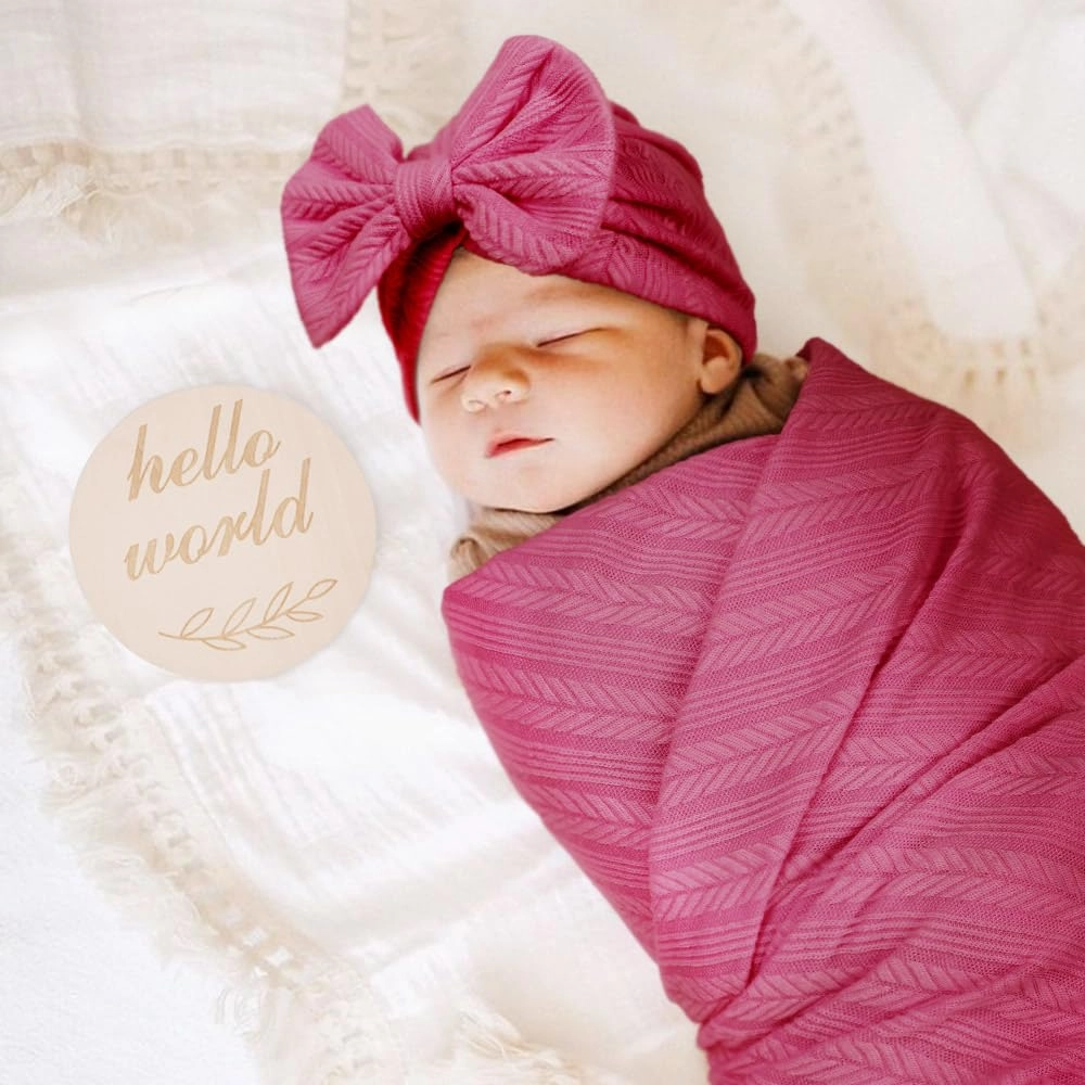 BQUBO Baby Swaddle Blankets for Girls, 4PCS Newborn Accessories Set with Hat and Bow Headband with Hello World Wooden Birth Announcement Card, Baby Blankets for Girls