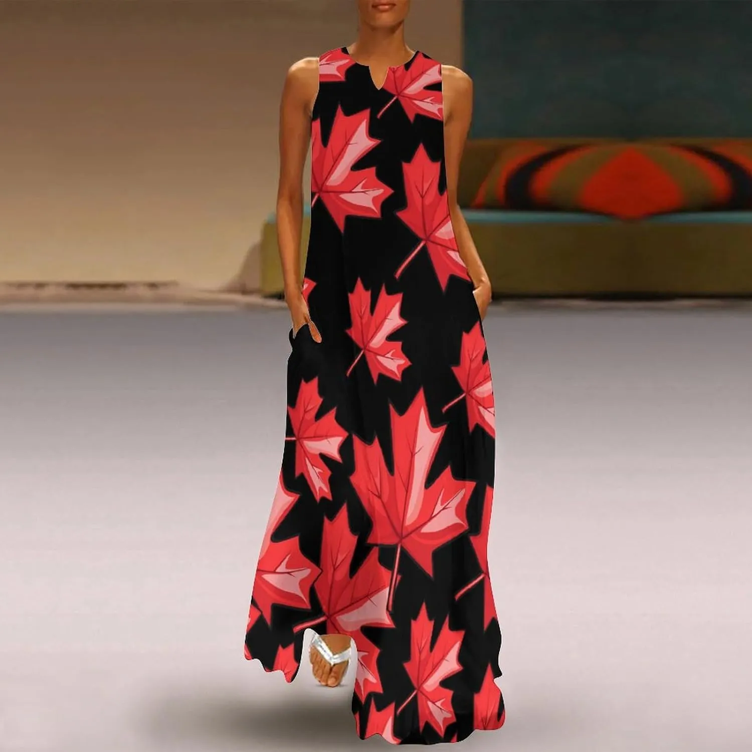 Canada Red Maple Leaf Women's Maxi Dress V-Neck Sleeveless Summer Casual Beach Long Dresses
