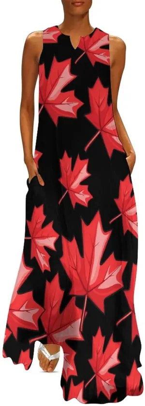 Canada Red Maple Leaf Women's Maxi Dress V-Neck Sleeveless Summer Casual Beach Long Dresses