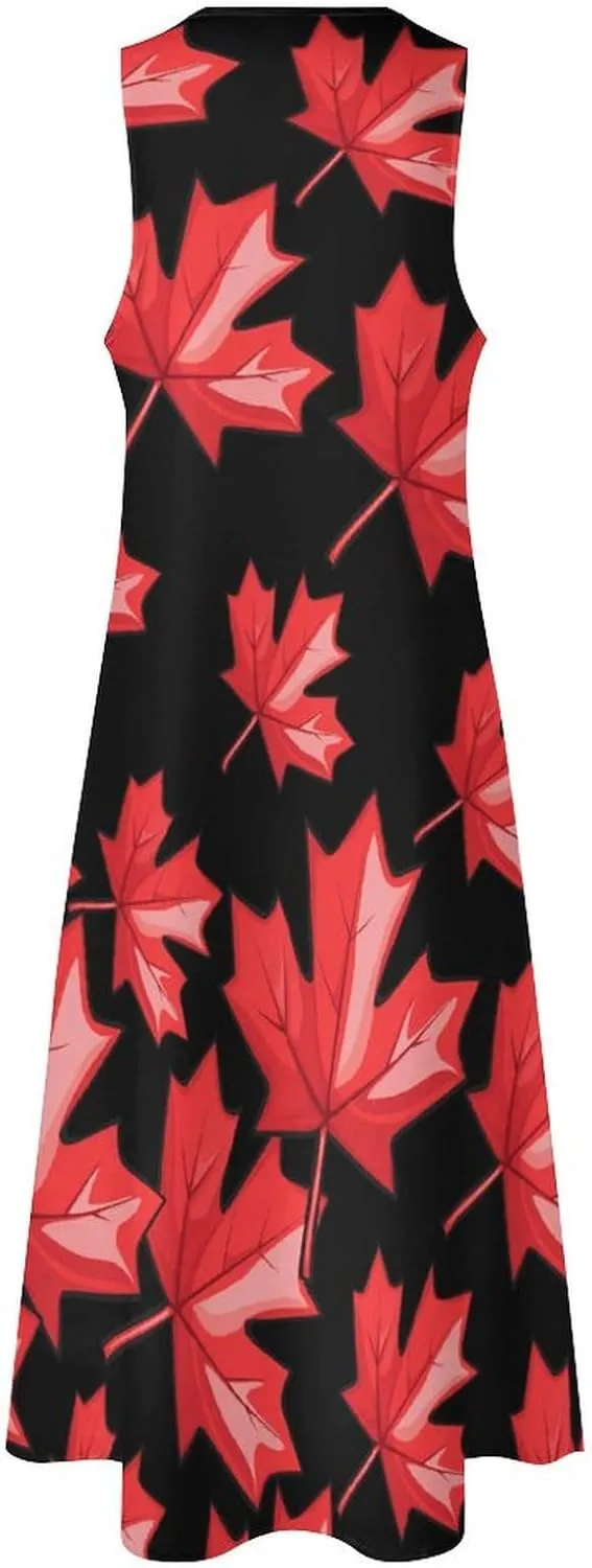 Canada Red Maple Leaf Women's Maxi Dress V-Neck Sleeveless Summer Casual Beach Long Dresses