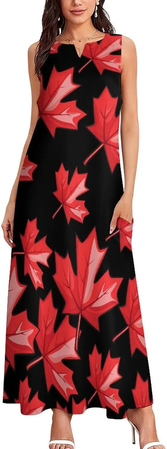 Canada Red Maple Leaf Women's Maxi Dress V-Neck Sleeveless Summer Casual Beach Long Dresses