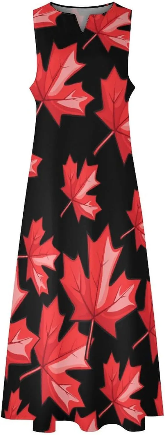 Canada Red Maple Leaf Women's Maxi Dress V-Neck Sleeveless Summer Casual Beach Long Dresses