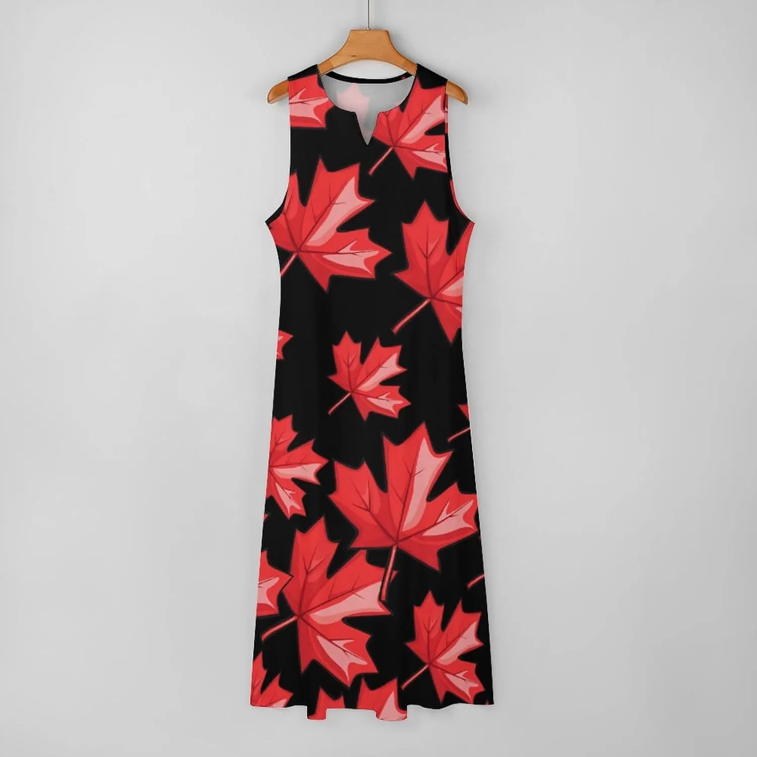 Canada Red Maple Leaf Women's Maxi Dress V-Neck Sleeveless Summer Casual Beach Long Dresses