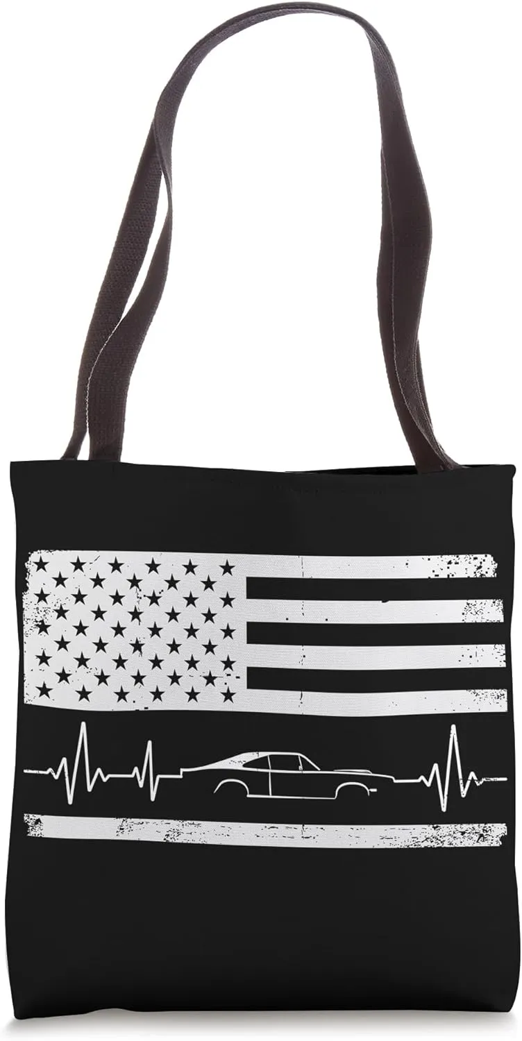 Car Guy Heartbeat Car Enthusiast US Flag Vintage Muscle Car Tote Bag