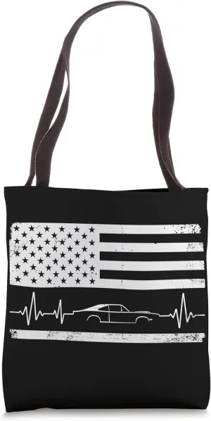 Car Guy Heartbeat Car Enthusiast US Flag Vintage Muscle Car Tote Bag