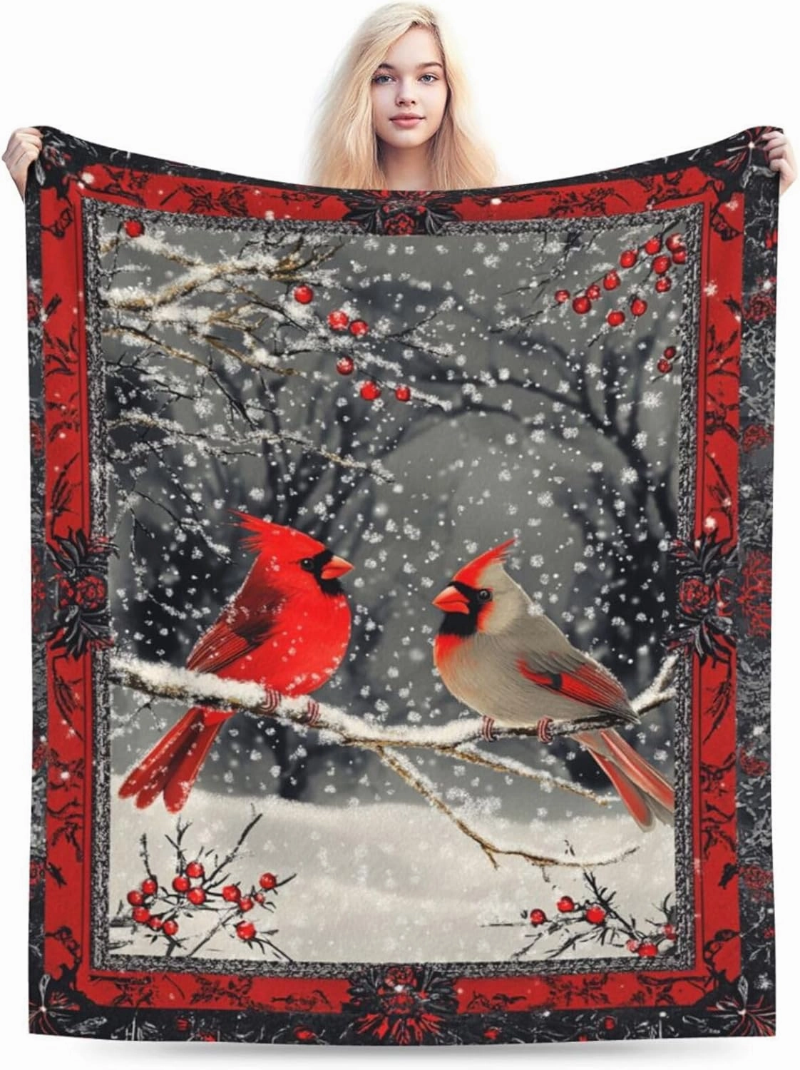 Cardinal Blanket Red Berry Fleece Throw Blanket Super Soft Warm Cozy Fuzzy Plush Bird Blanket Gifts for Girls Boys Kids Room Christmas Decor 40"X50"