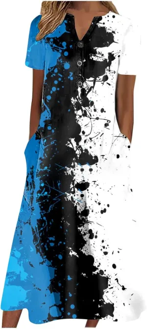 Ceboyel Women Marble Print Spring Dress Short Sleeve Casual Maxi Dress V Neck Pocket Long Dress Trendy Beach Vacation Outfits