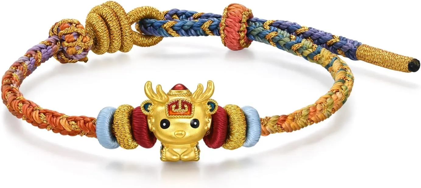 CHOW SANG SANG 999 24K Solid Gold Cultural Blessing Auspicious Myth Deer Charm Embroidered Bracelet for Women 23cm 95535B