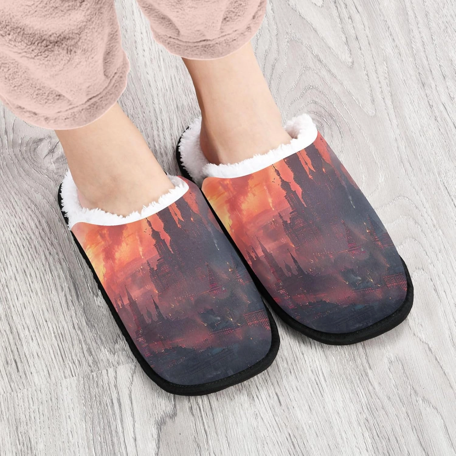 City at Dusk Mens Slip on Slippers, Home Slippers Portable Hospital Slippers with Storage Bag
