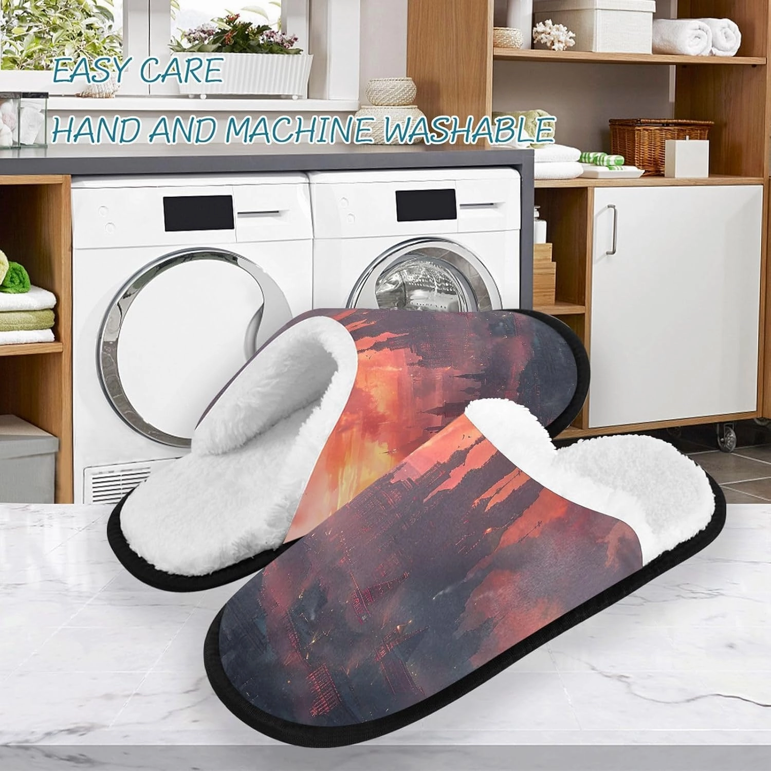 City at Dusk Mens Slip on Slippers, Home Slippers Portable Hospital Slippers with Storage Bag