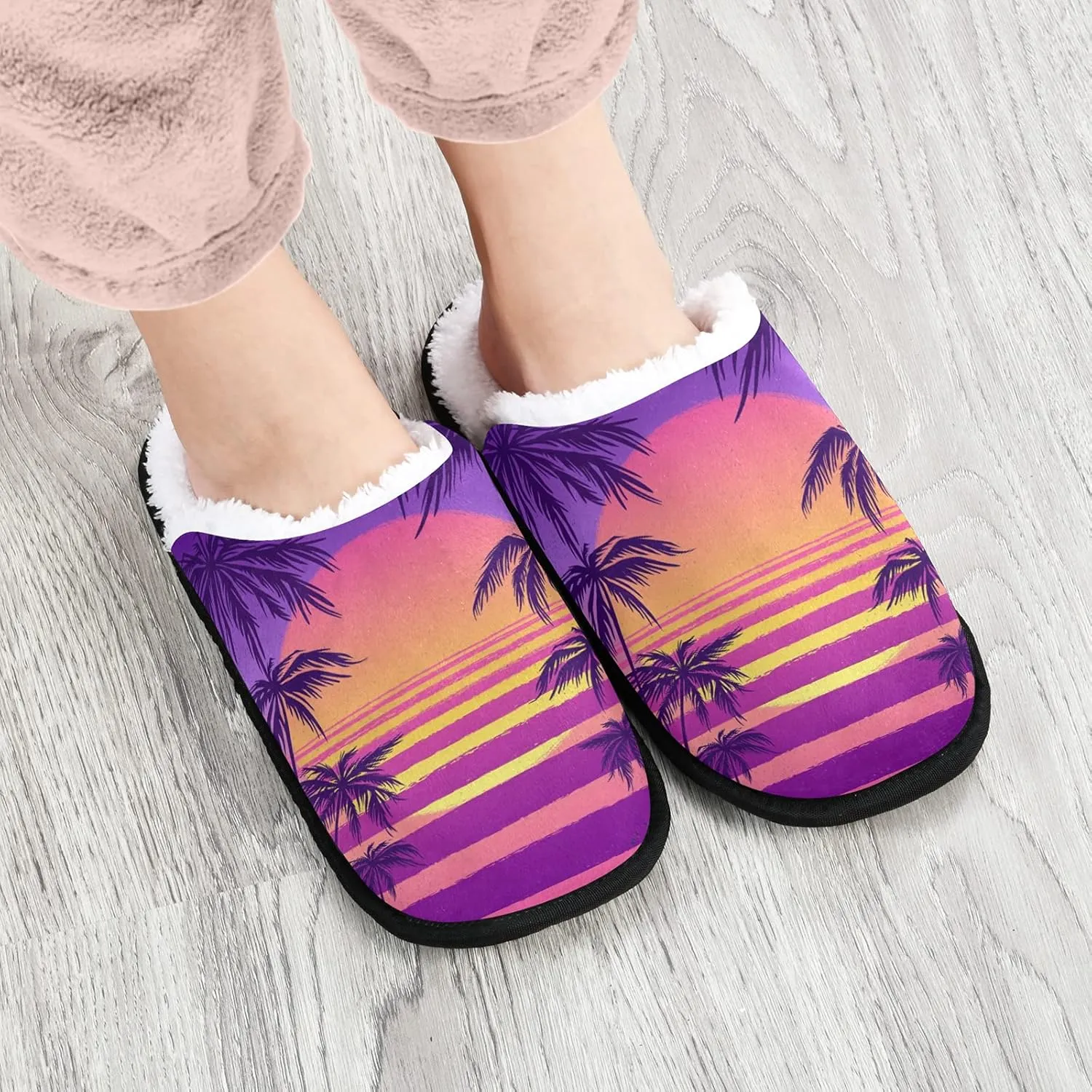 Coconut Tree Sunset Print Slippers for Women Mens Winter Warm Memory Foam Cotton Home Slippers Soft Plush Fleece Slip on House Slippers for Girls Indoor Outdoor Shoes