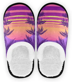 Coconut Tree Sunset Print Slippers for Women Mens Winter Warm Memory Foam Cotton Home Slippers Soft Plush Fleece Slip on House Slippers for Girls Indoor Outdoor Shoes