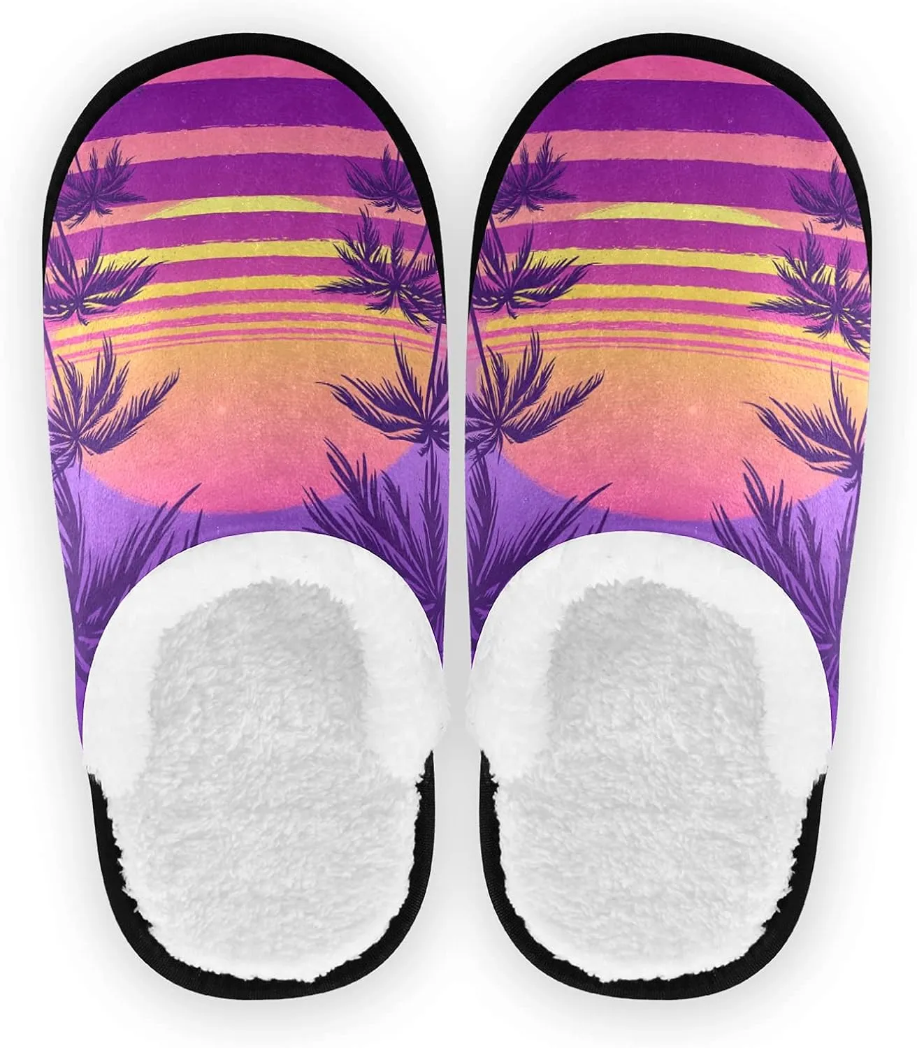Coconut Tree Sunset Print Slippers for Women Mens Winter Warm Memory Foam Cotton Home Slippers Soft Plush Fleece Slip on House Slippers for Girls Indoor Outdoor Shoes