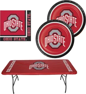 Collegiate Party Pack Officially Licensed Plates, Napkins, & 6' x 30" Tablecover, Bundle for 16 People -Table Not Included- (Ohio State University, Buckeyes)