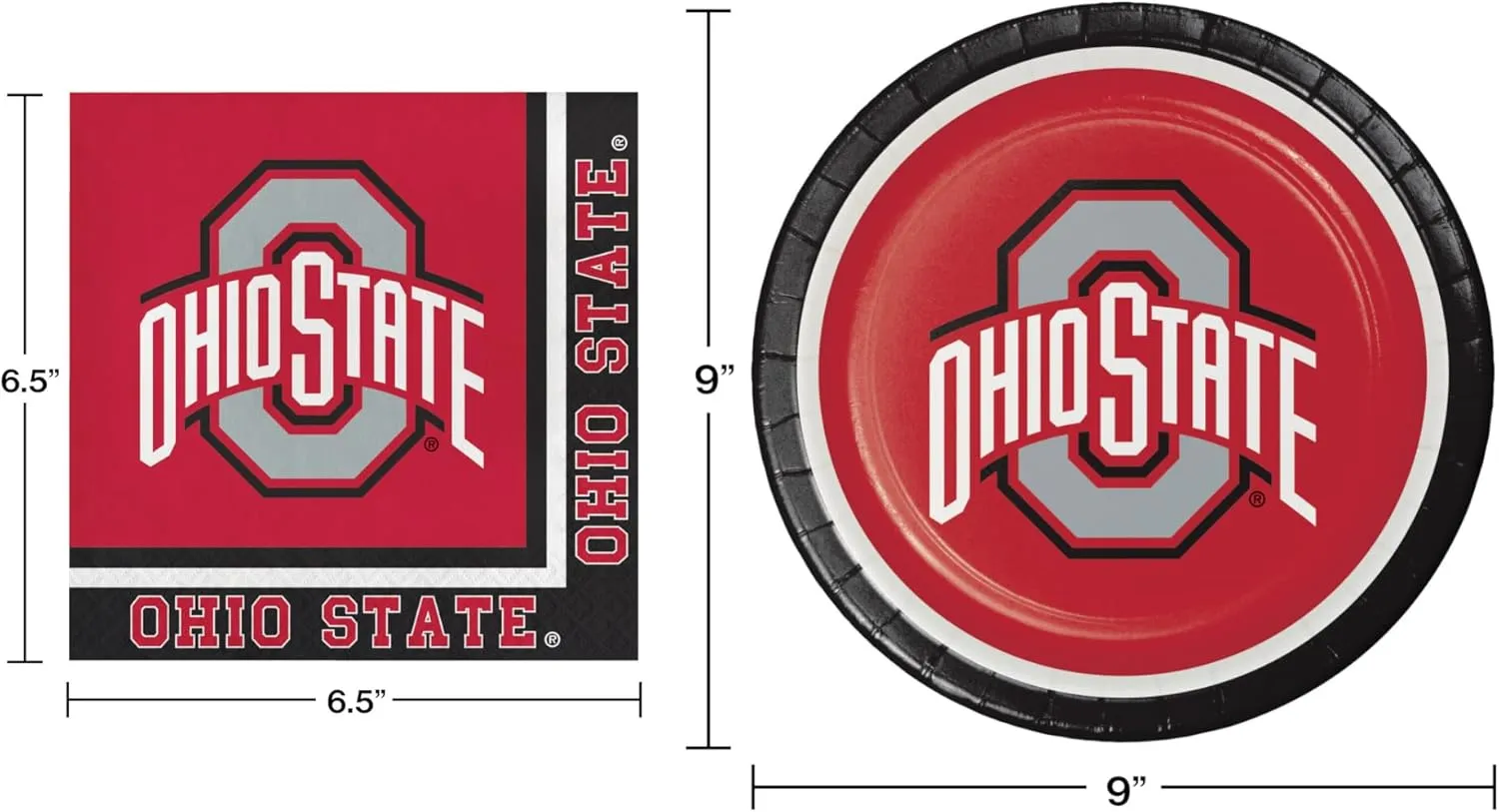 Collegiate Party Pack Officially Licensed Plates, Napkins, & 6' x 30" Tablecover, Bundle for 16 People -Table Not Included- (Ohio State University, Buckeyes)