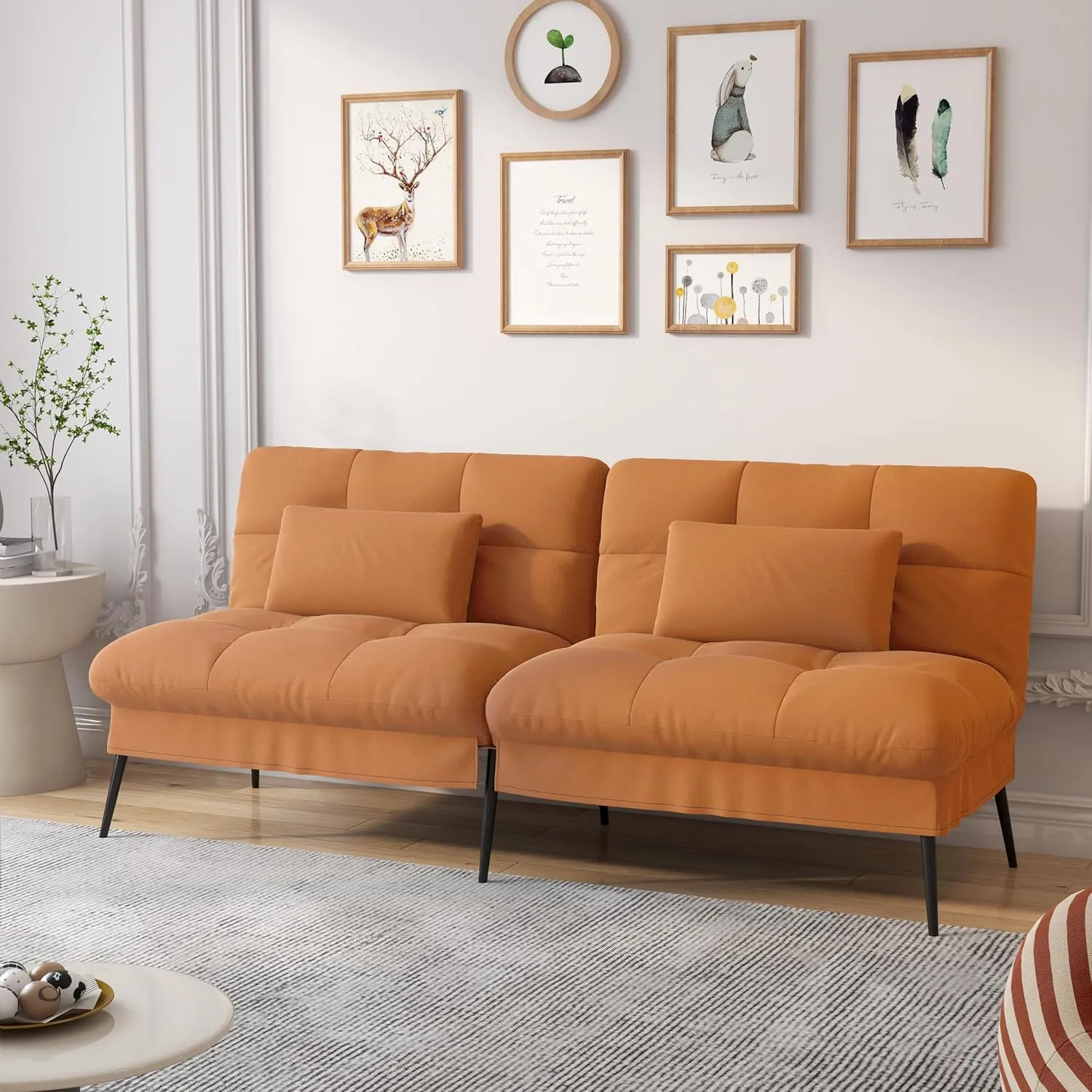 COMHOMA Convertible Futon Sofa Bed, 68″Fabric Futon Couch with Adjustable Backrest, Folding Futon Sleeper Recliner for Living Room Furniture (Orange)