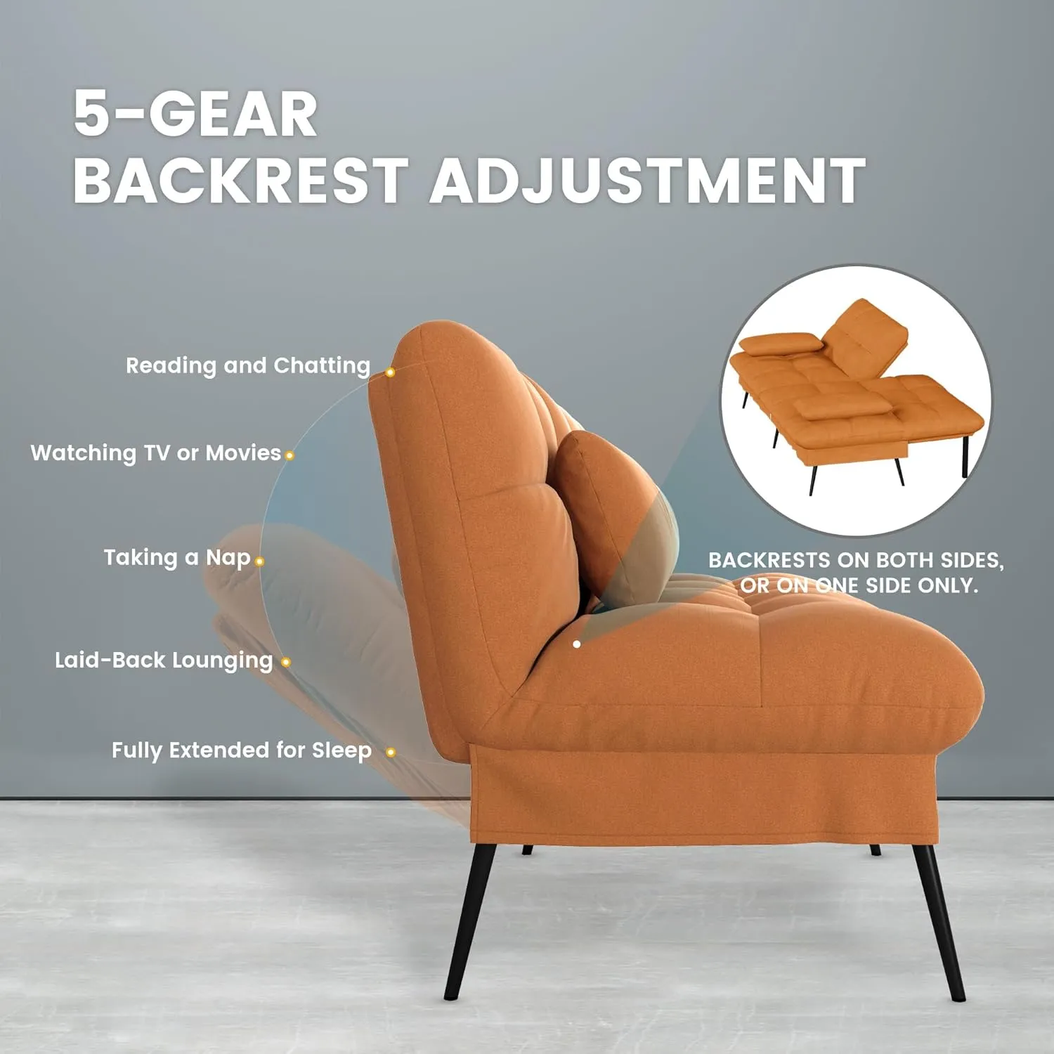 COMHOMA Convertible Futon Sofa Bed, 68″Fabric Futon Couch with Adjustable Backrest, Folding Futon Sleeper Recliner for Living Room Furniture (Orange)