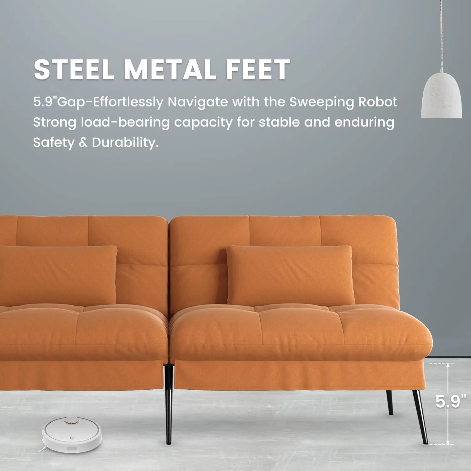 COMHOMA Convertible Futon Sofa Bed, 68″Fabric Futon Couch with Adjustable Backrest, Folding Futon Sleeper Recliner for Living Room Furniture (Orange)