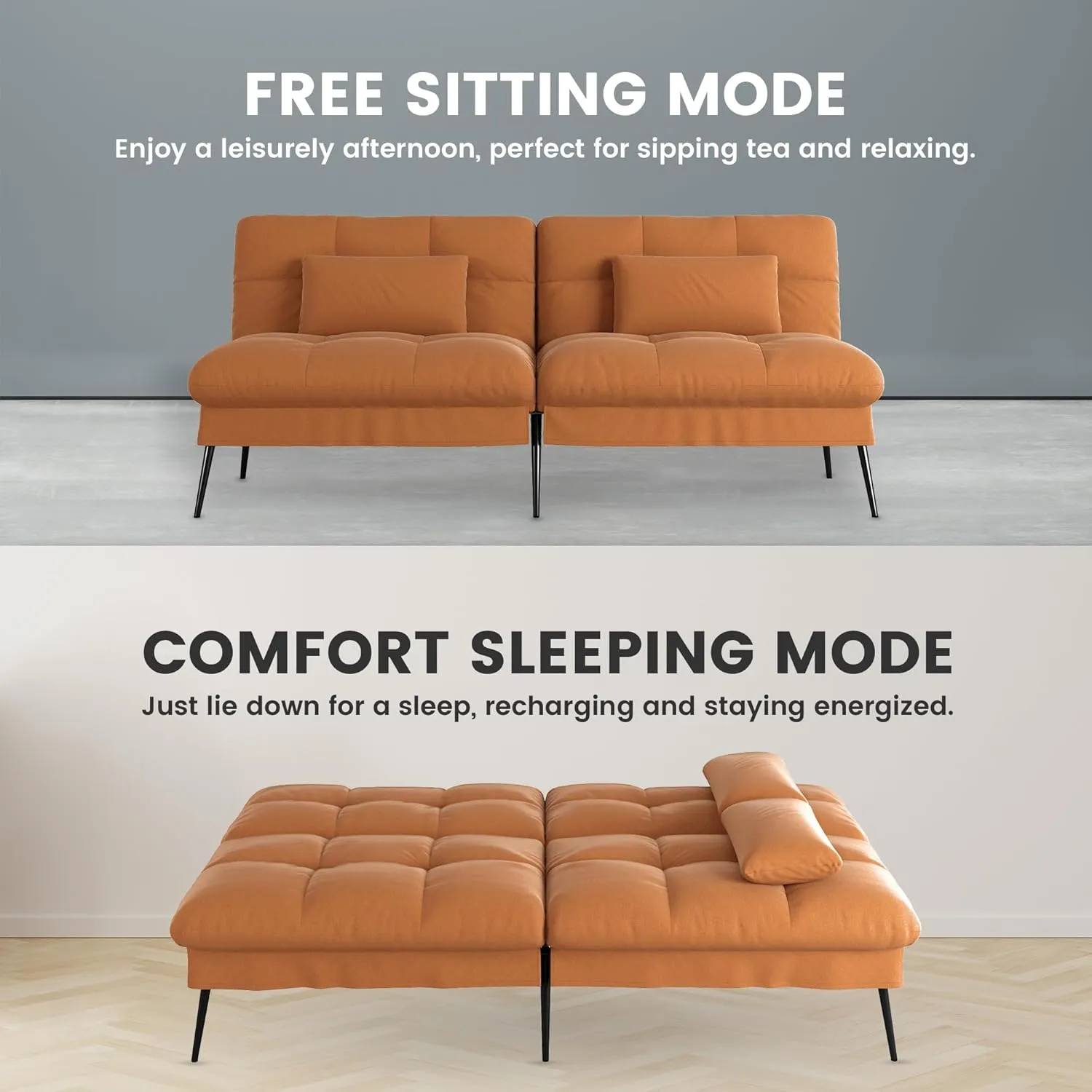 COMHOMA Convertible Futon Sofa Bed, 68″Fabric Futon Couch with Adjustable Backrest, Folding Futon Sleeper Recliner for Living Room Furniture (Orange)