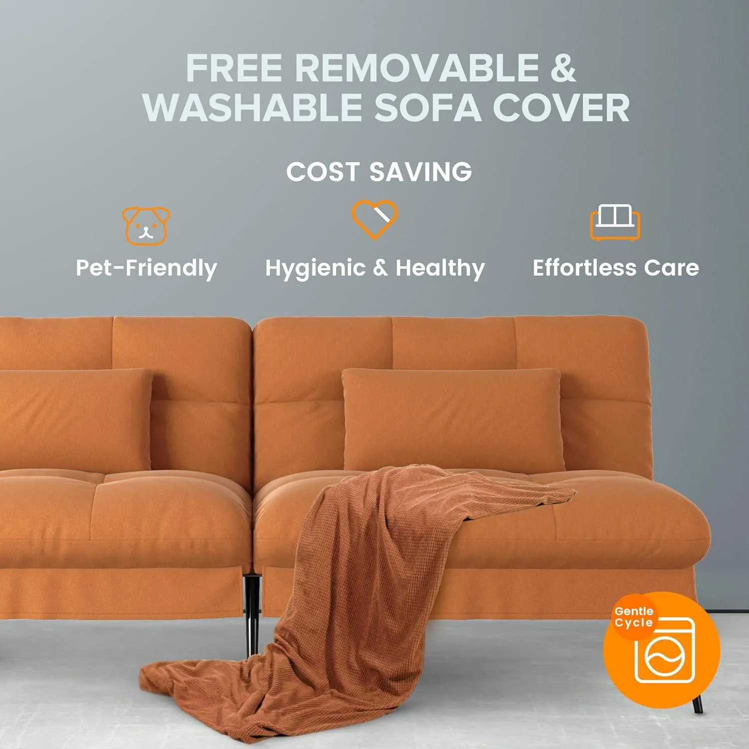 COMHOMA Convertible Futon Sofa Bed, 68″Fabric Futon Couch with Adjustable Backrest, Folding Futon Sleeper Recliner for Living Room Furniture (Orange)