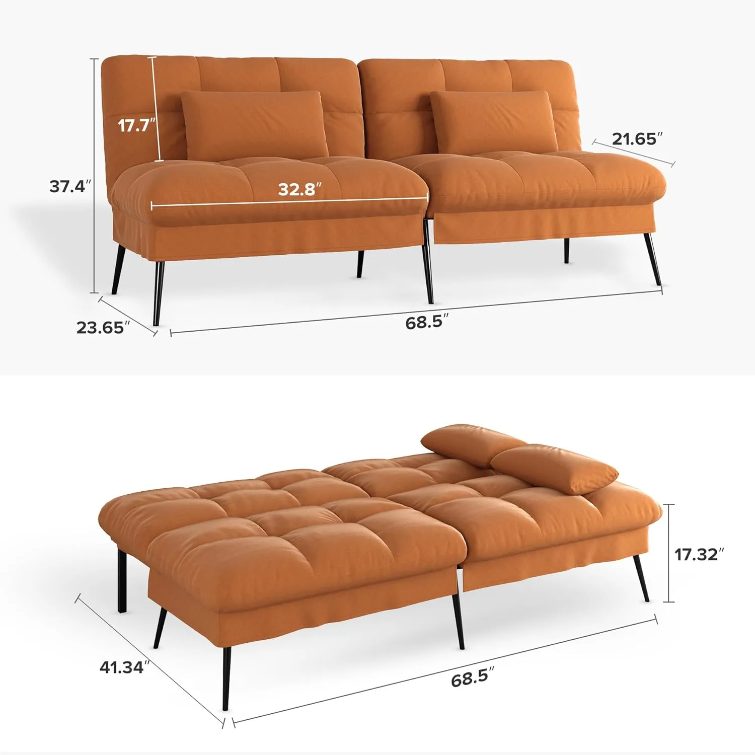 COMHOMA Convertible Futon Sofa Bed, 68″Fabric Futon Couch with Adjustable Backrest, Folding Futon Sleeper Recliner for Living Room Furniture (Orange)