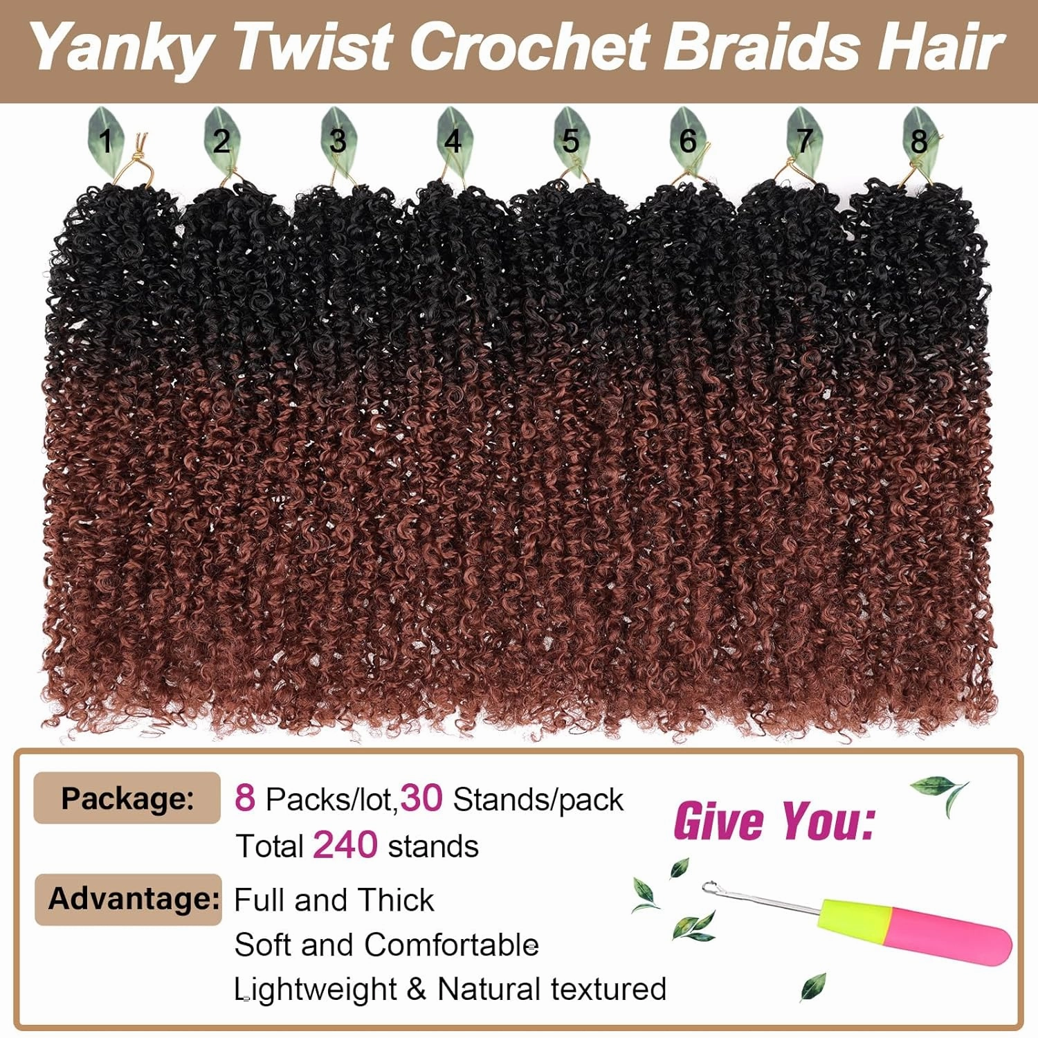 COOKOO 8 Packs 30 Strands/Pcs Pre Looped Yanky Twist Crochet hair 12 Inch Pre Twisted Mini Spring Twists Hair for Women Fluffy Crochet Curly Passion Twist Braids Hair with Curly Ends RS350#