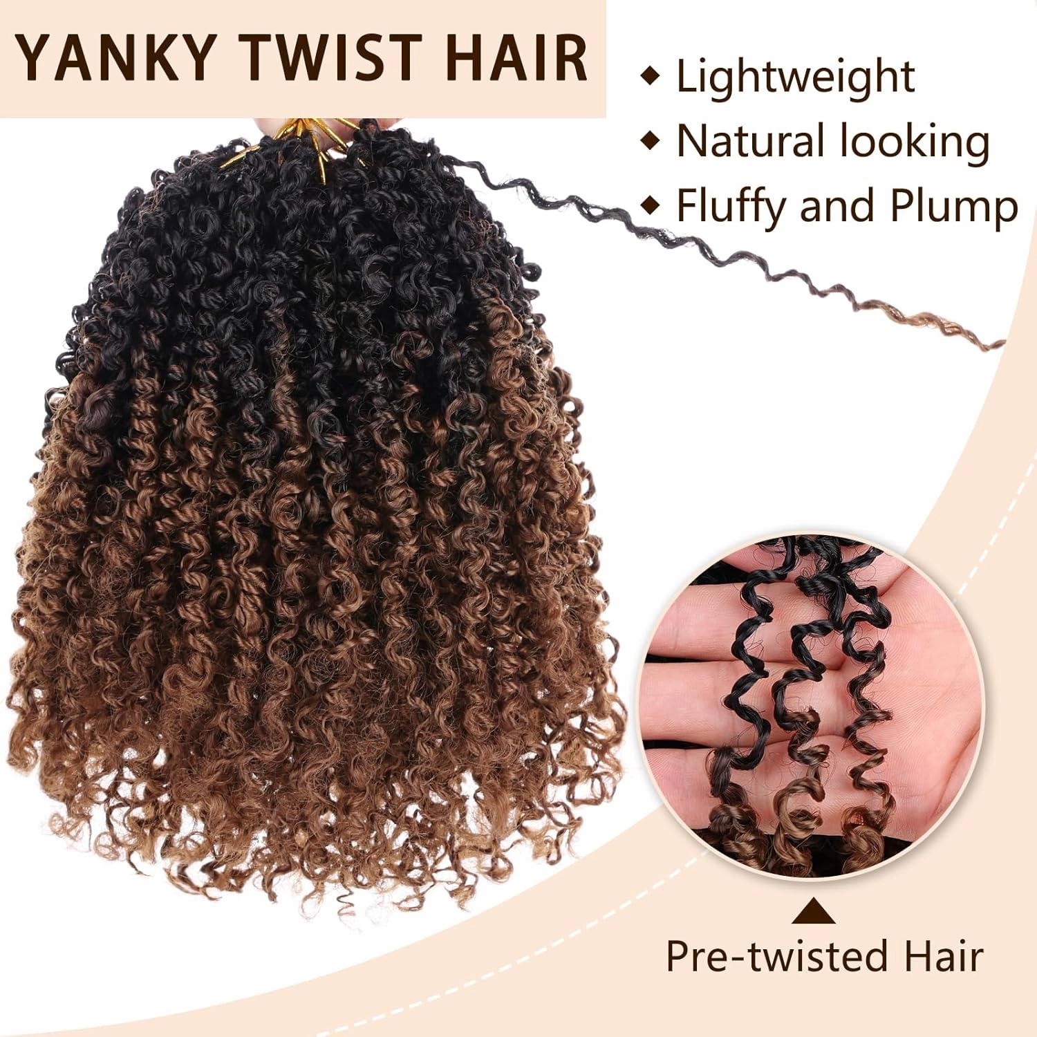 COOKOO 8 Packs Pre Looped Ombre Brown Yanky Twist Crochet hair 30 Strands/PCS 10 Inch Pre Twisted Mini Yanky Twists Hair for Women Fluffy Crochet Curly Spring Twist Hair with Curly Ends 1B/30#