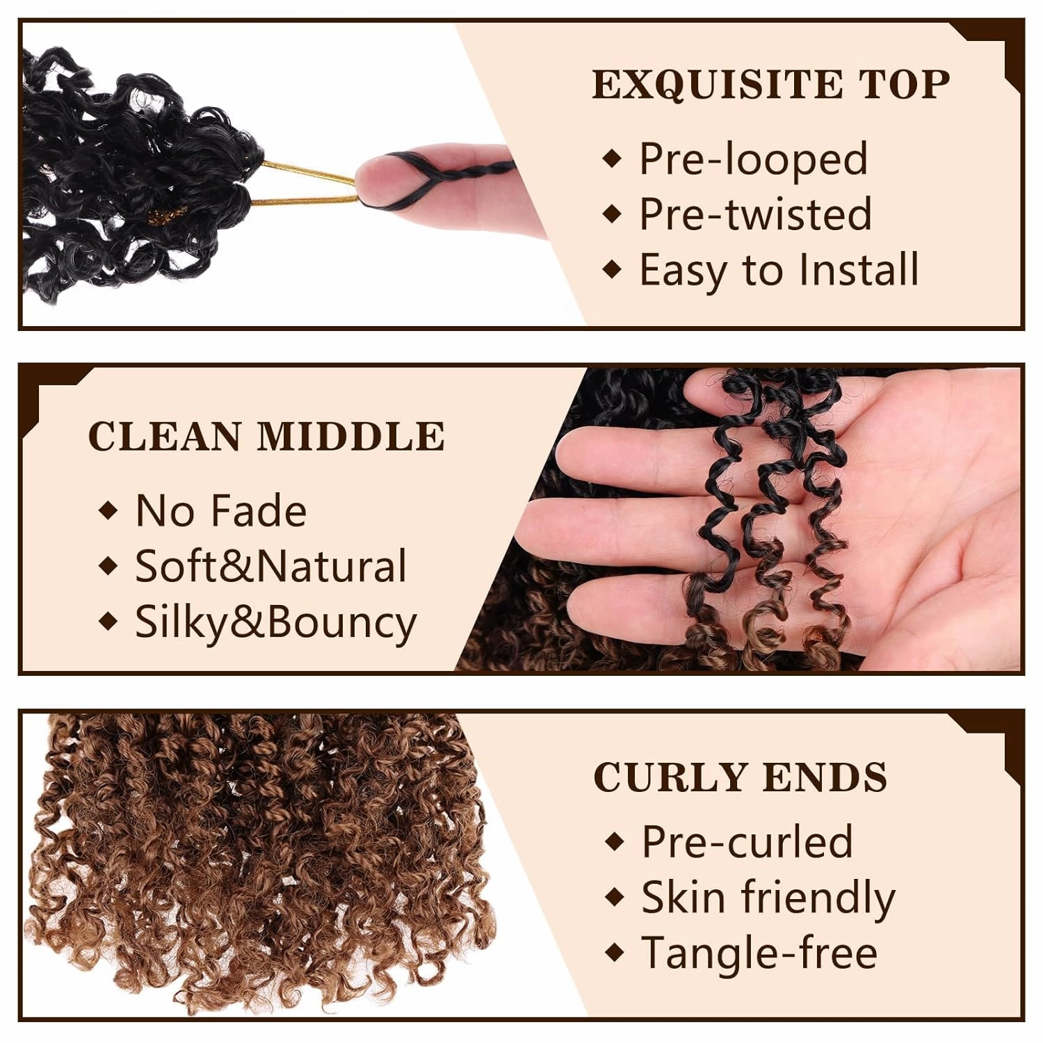 COOKOO 8 Packs Pre Looped Ombre Brown Yanky Twist Crochet hair 30 Strands/PCS 10 Inch Pre Twisted Mini Yanky Twists Hair for Women Fluffy Crochet Curly Spring Twist Hair with Curly Ends 1B/30#