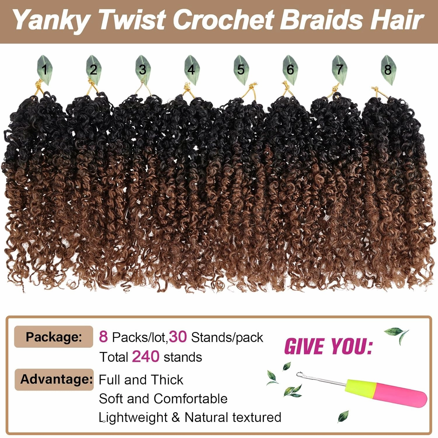 COOKOO 8 Packs Pre Looped Ombre Brown Yanky Twist Crochet hair 30 Strands/PCS 10 Inch Pre Twisted Mini Yanky Twists Hair for Women Fluffy Crochet Curly Spring Twist Hair with Curly Ends 1B/30#