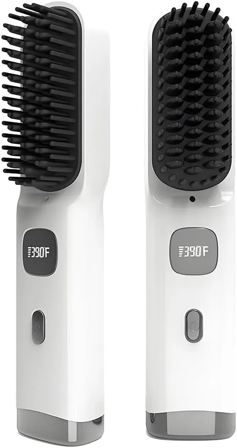Cordless Hair Straightener Brush Portable on The go Comb for Travel 30s Fast Heating USB Rechargeable Dual Power Supply LCD Display with Pouch (White)