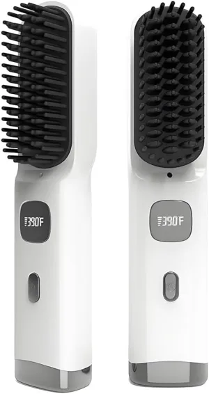 Cordless Hair Straightener Brush Portable on The go Comb for Travel 30s Fast Heating USB Rechargeable Dual Power Supply LCD Display with Pouch (White)