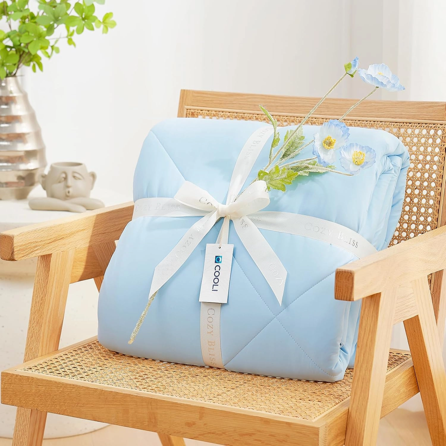 Cozy Bliss Cooling Comforter Queen Size, Cooling Blankets for Hot Sleepers and Night Sweats, Sky Blue Summer Comforter for Queen Size Bed, Breathable Soft Lightweight Silk Smooth
