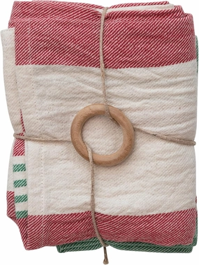 Creative Co-Op 28' L x 18' W Cotton Printed Tea Towels w/Stripes & Jute & Wood Bead Tie, Multi Color, Set of 2