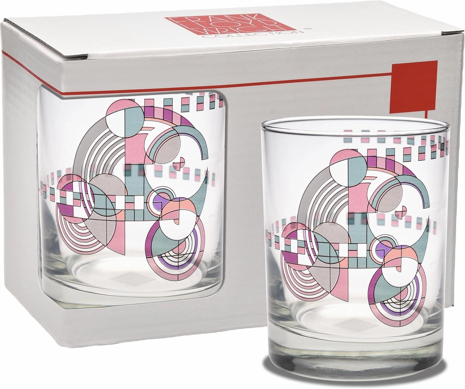 Culver Frank Lloyd Wright DOF Double Old Fashioned Glass 14-Ounce (Gift Boxed Set of 2, Hoffman Rug)