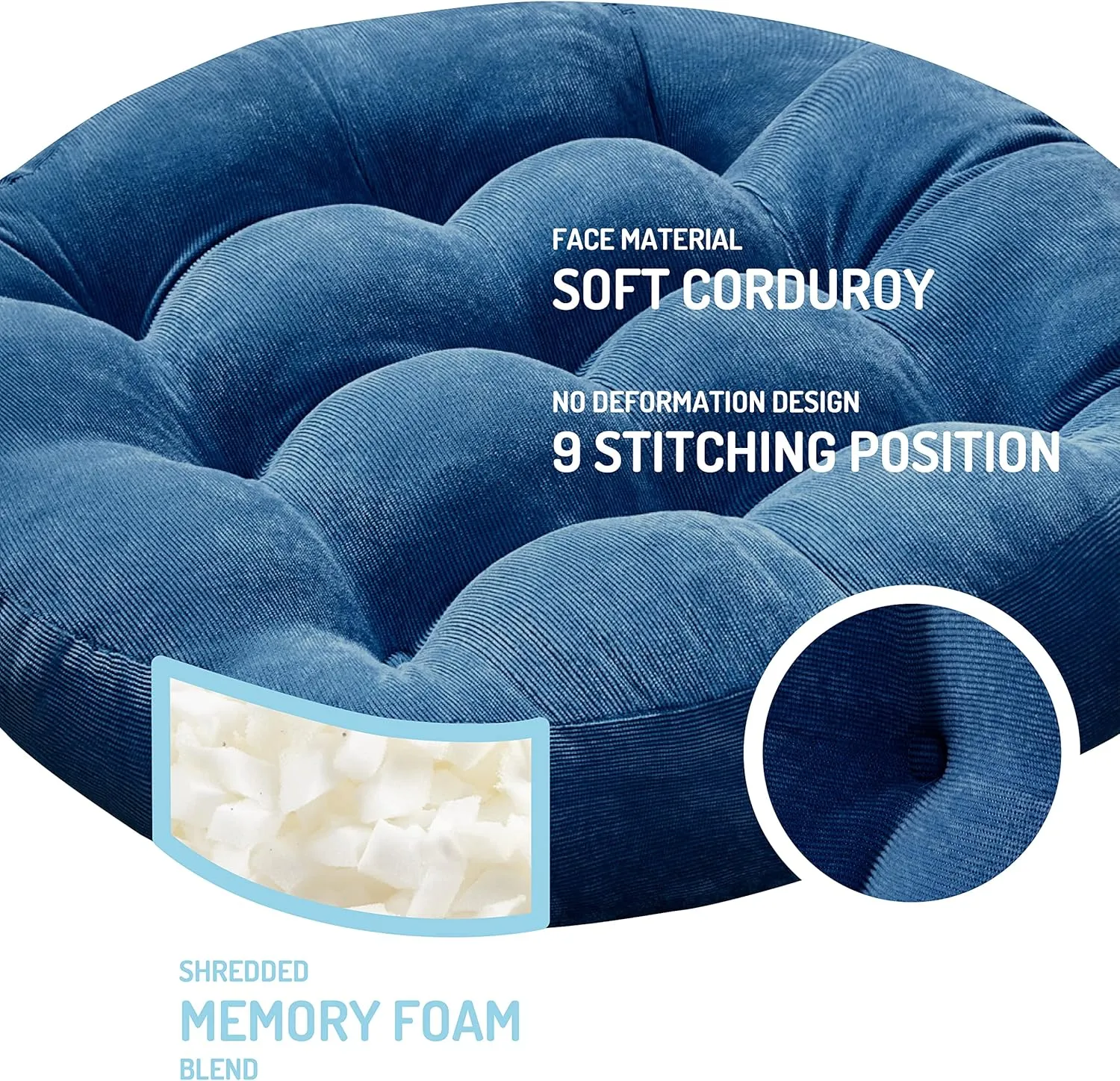 Degrees of Comfort Floor Cushion Pillow, Round Large Pillows Seating for Adults, Tufted Corduroy Floor Cushions for Living Room Tatami, Navy Blue, 22 Inch Single, 1 Count (Pack of 1)
