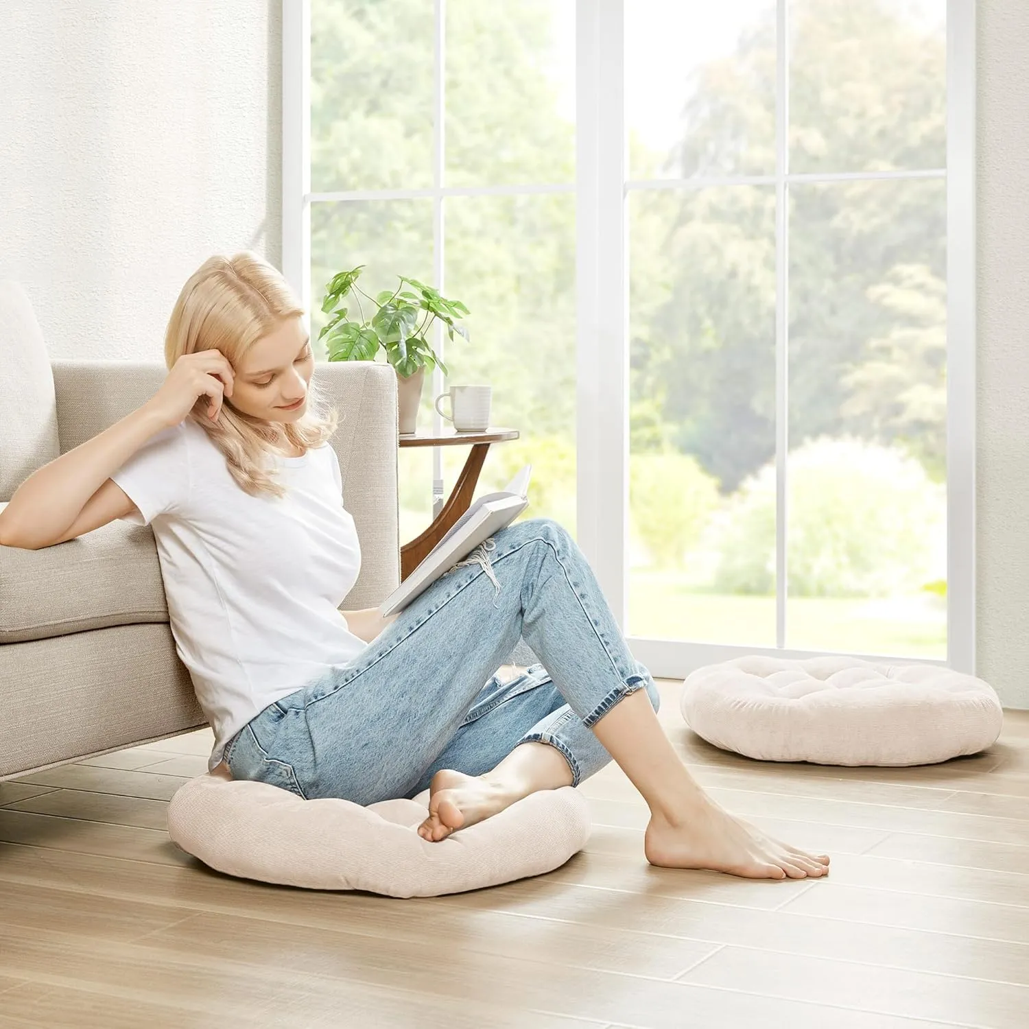 Degrees of Comfort Meditation Floor Pillow, Round Large Pillows Seating for Adults, Tufted Corduroy Cushion for Living Room Tatami, Beige 22 Inch