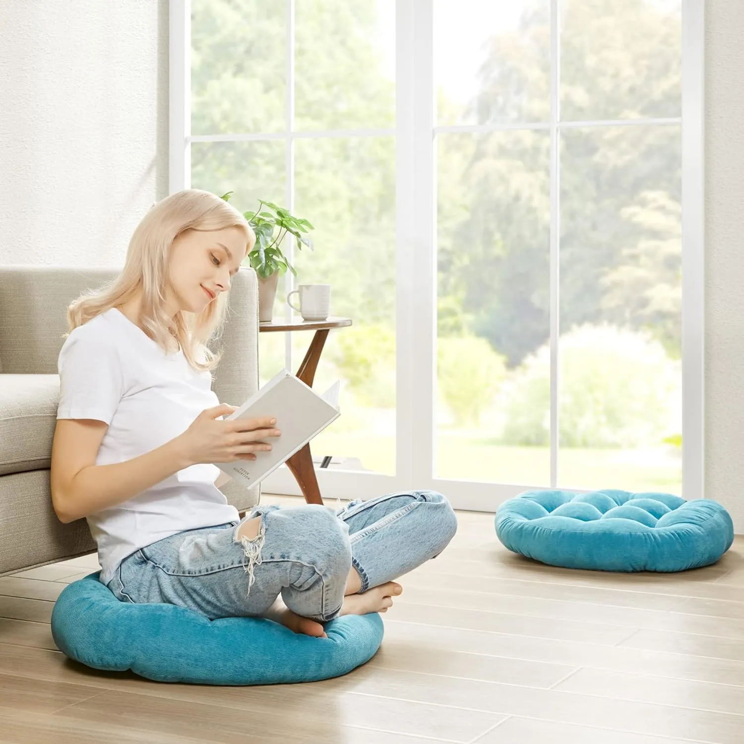 Degrees of Comfort Meditation Floor Pillow, Round Large Pillows Seating for Adults, Tufted Corduroy Thick Cushion for Living Room Tatami, Turquoise, 22 Inch Single