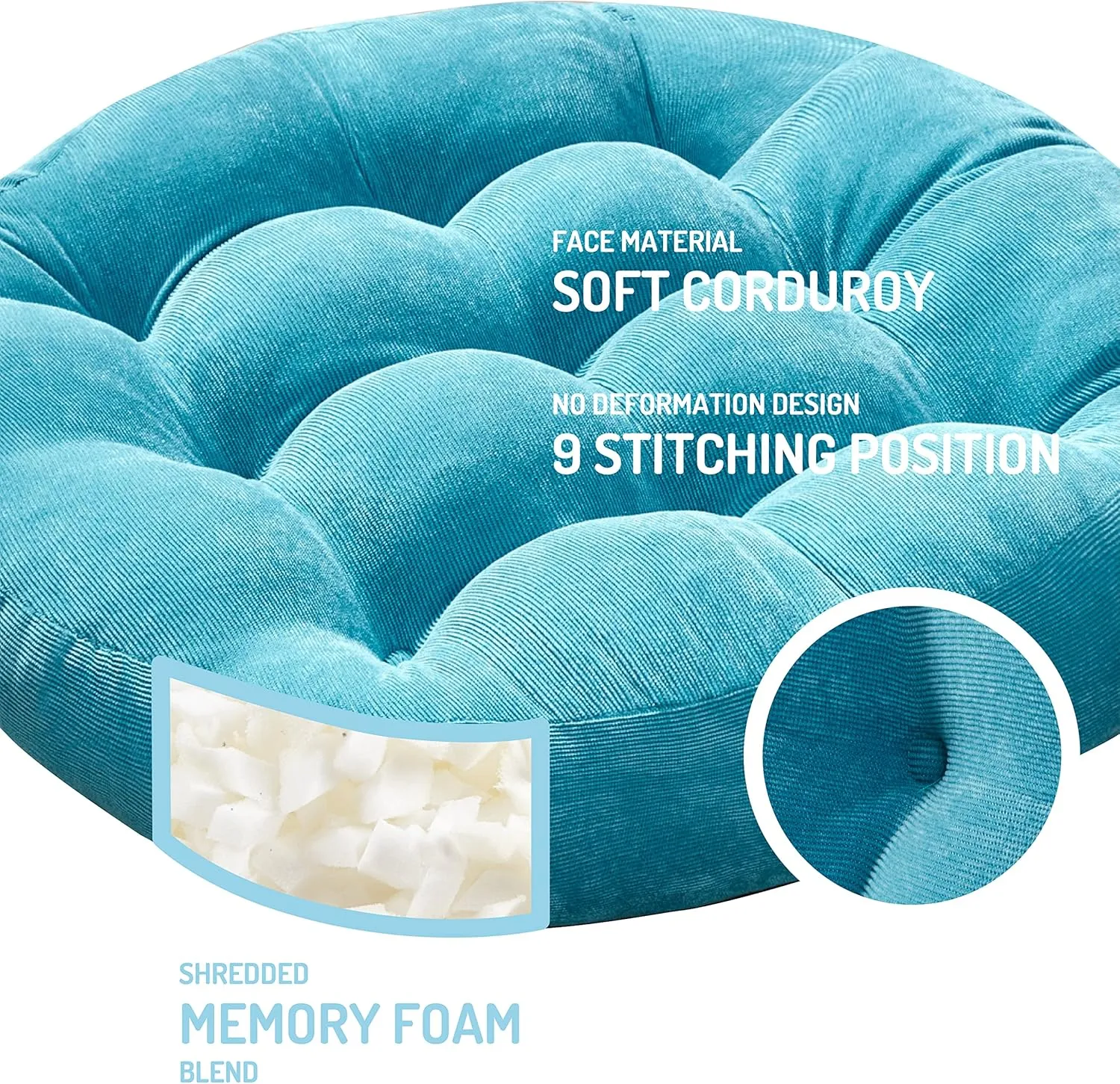 Degrees of Comfort Meditation Floor Pillow, Round Large Pillows Seating for Adults, Tufted Corduroy Thick Cushion for Living Room Tatami, Turquoise, 22 Inch Single