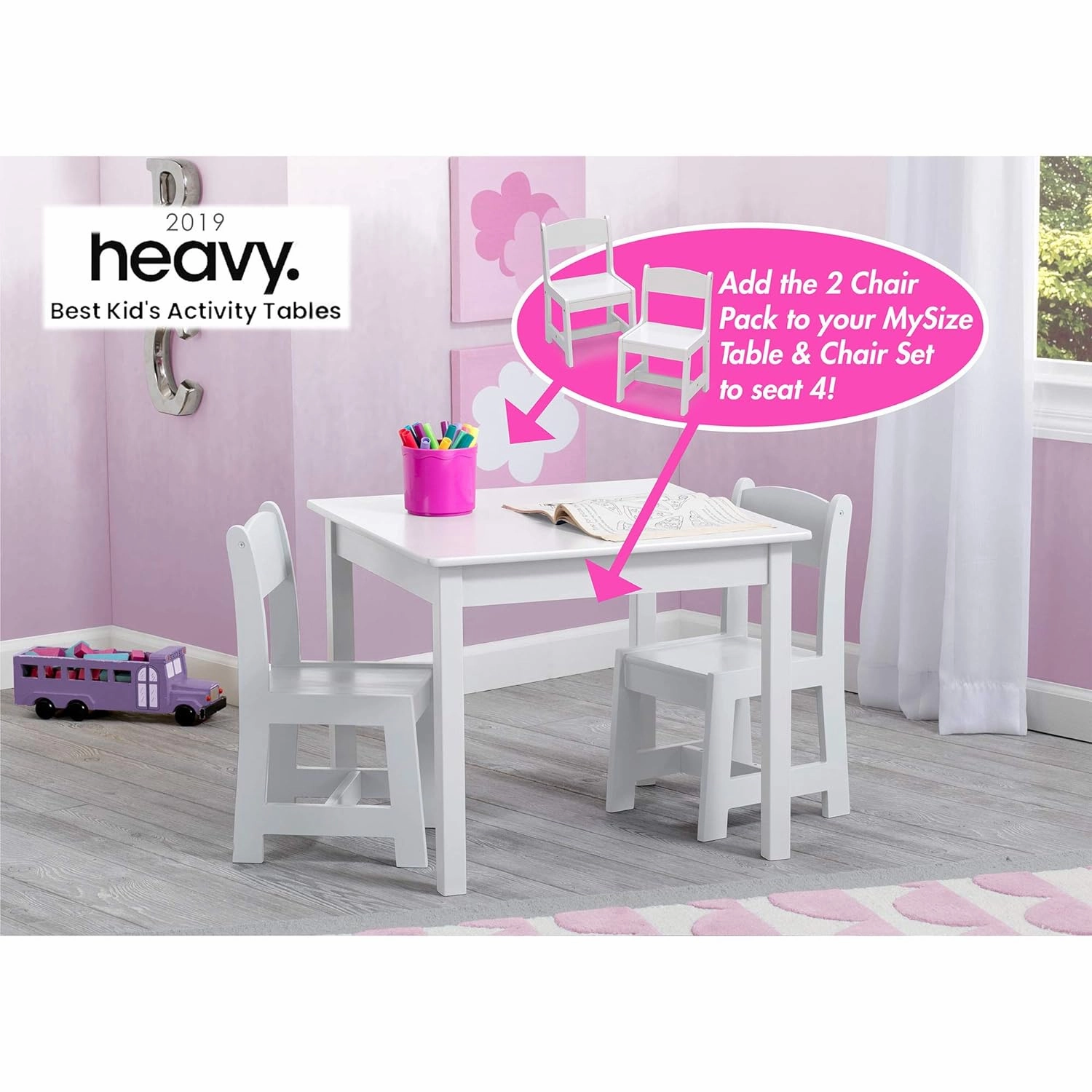 Delta Children MySize Kids Wood Table and Chair Set (2 Chairs Included) - Ideal for Arts & Crafts, Snack Time, & More - Greenguard Gold Certified, Bianca White, 3 Piece Set