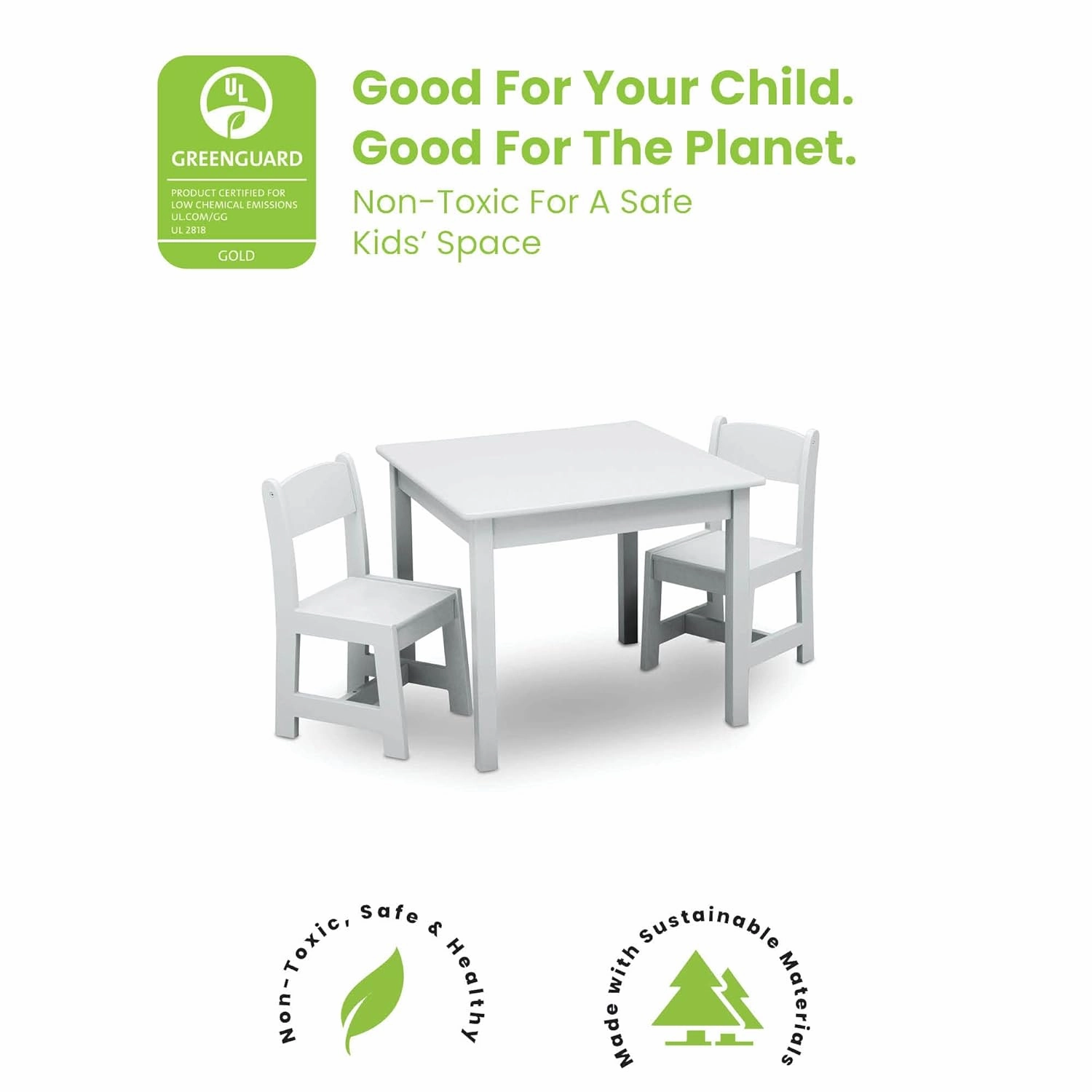 Delta Children MySize Kids Wood Table and Chair Set (2 Chairs Included) - Ideal for Arts & Crafts, Snack Time, & More - Greenguard Gold Certified, Bianca White, 3 Piece Set