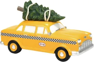 Department 56 Christmas in The City Village Accessories Hailing a Christmas Cab Figurine- New York Yellow Taxi Cab with Tree Hand Crafted Porcelain Mini Figurines Christmas Village Home Decor, 3 Inch