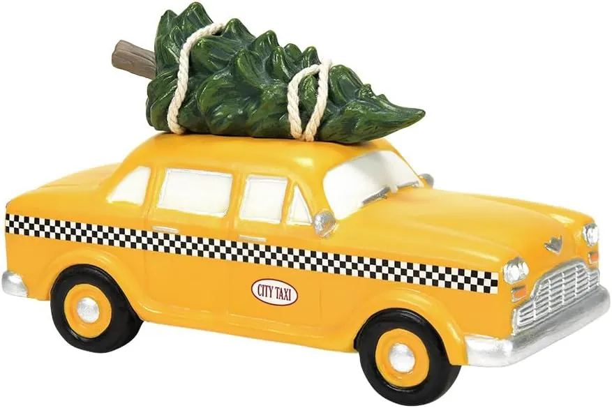 Department 56 Christmas in The City Village Accessories Hailing a Christmas Cab Figurine- New York Yellow Taxi Cab with Tree Hand Crafted Porcelain Mini Figurines Christmas Village Home Decor, 3 Inch
