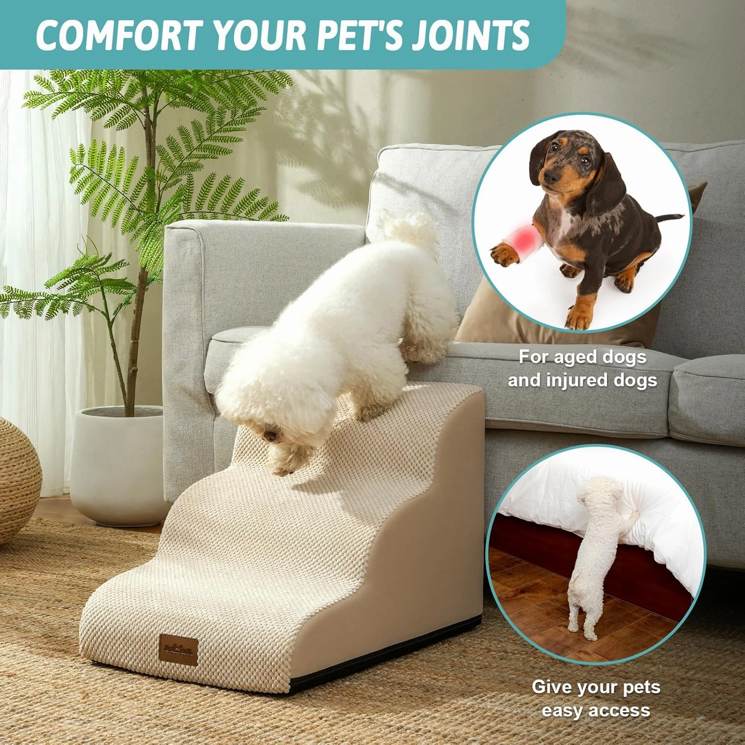 Dog Stairs for Small Dogs 15.7" H, Curved Dog Step for Puppy, Older Cat, Medium Pet Ramp for Sofa, Couch or Bed, Ladder with High Density Foam, 15.7x22.4x15.7 inch, 3 Step, Beige