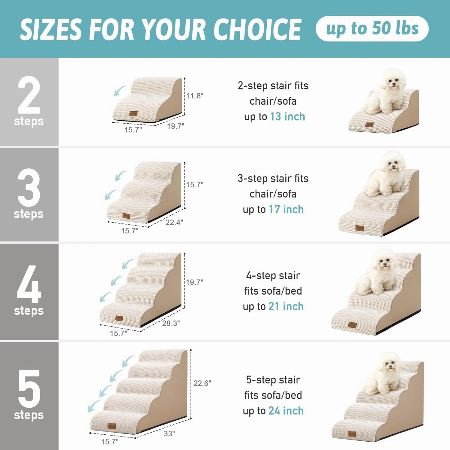 Dog Stairs for Small Dogs 15.7" H, Curved Dog Step for Puppy, Older Cat, Medium Pet Ramp for Sofa, Couch or Bed, Ladder with High Density Foam, 15.7x22.4x15.7 inch, 3 Step, Beige