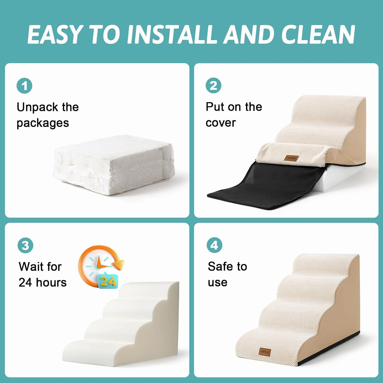 Dog Stairs for Small Dogs 15.7" H, Curved Dog Step for Puppy, Older Cat, Medium Pet Ramp for Sofa, Couch or Bed, Ladder with High Density Foam, 15.7x22.4x15.7 inch, 3 Step, Beige