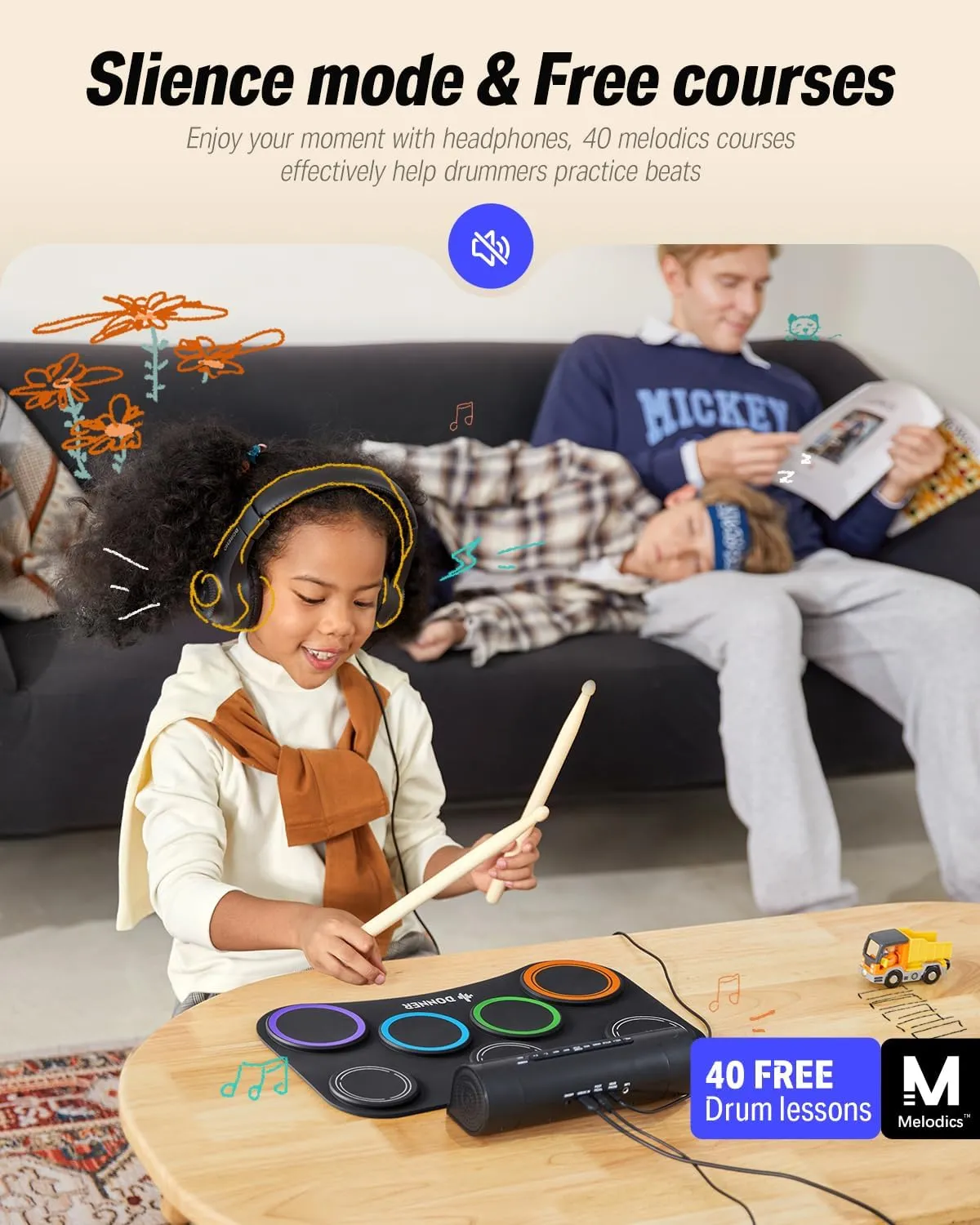 Donner Electric Drum Set Upgrated, 7 Pads Electronic Drum Pad Roll Up Quiet Drum Pad Built-in Speaker, 40 Drum Lessons Included, Kids Holiday Christmas & Birthday Gift Instrument Toys(DED-20R) NEW