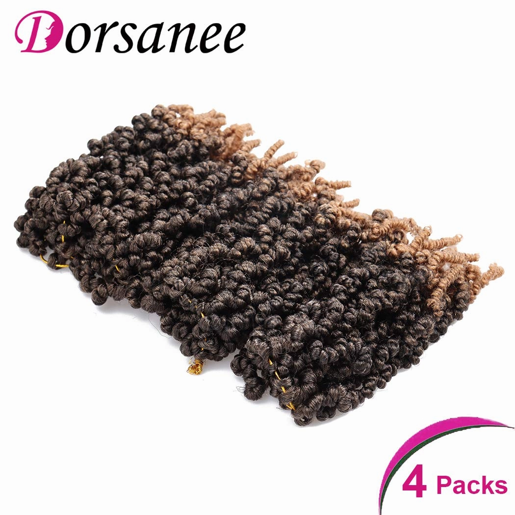 Dorsanee Pre-twisted Spring Twist Crochet Hair 8 Inch 4 Packs Short Curly Crochet Hair Pre Looped Crochet Braids Mini Passion Twists Fluffy Twist Synthetic Hair Extensions (8 Inch,T27#)